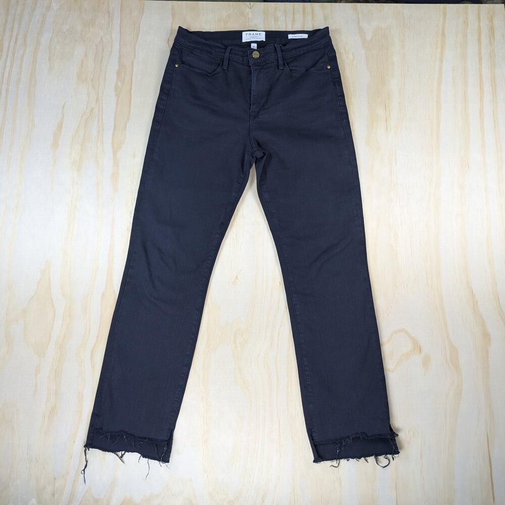 FRAME Women's 29 Le High Straight Denim Jeans Film Noir Black Raw Hem USA